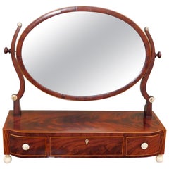 American Mahogany Bow Front Satinwood Inlaid Oval Dressing Mirror, Boston C 1800