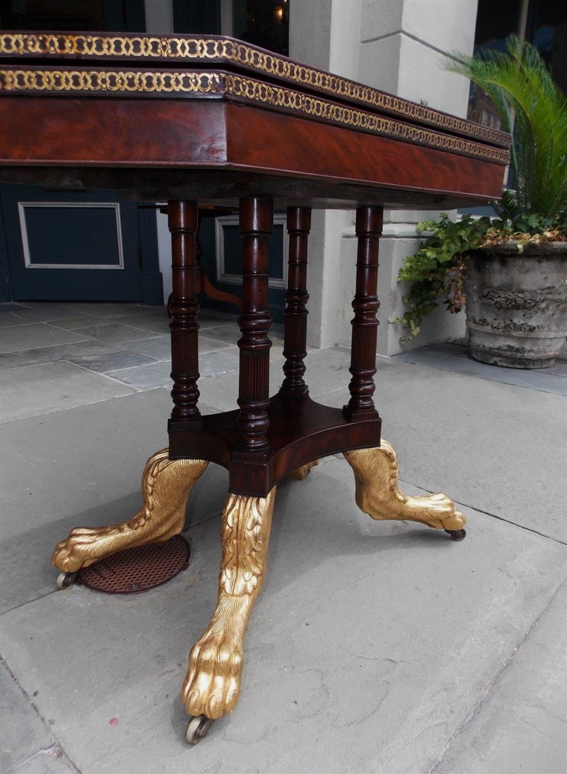 American Mahogany Brass Inlaid and Gilded Paw Game Table. Norfolk, VA.  C. 1810 7