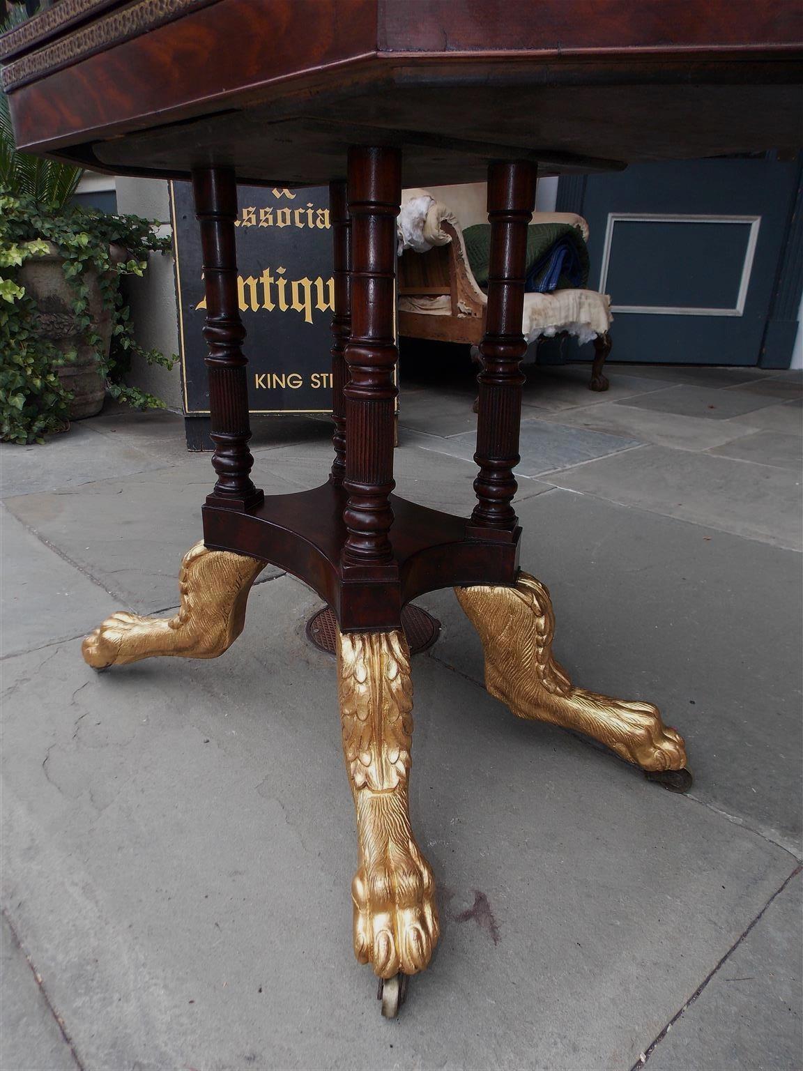 American Mahogany Brass Inlaid and Gilded Paw Game Table. Norfolk, VA.  C. 1810 9
