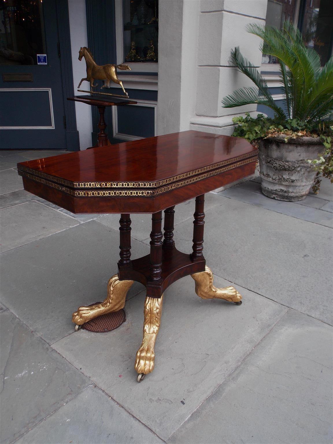 Federal American Mahogany Brass Inlaid and Gilded Paw Game Table. Norfolk, VA.  C. 1810