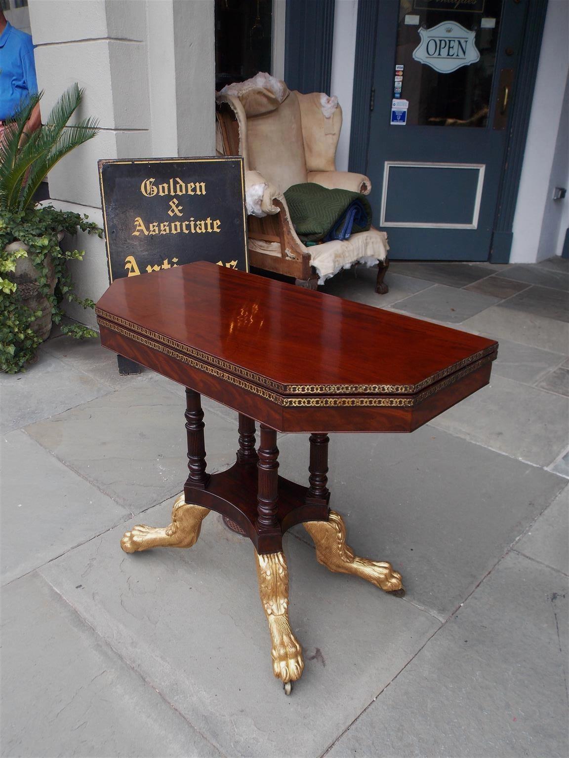 American Mahogany Brass Inlaid and Gilded Paw Game Table. Norfolk, VA.  C. 1810 In Excellent Condition In Hollywood, SC
