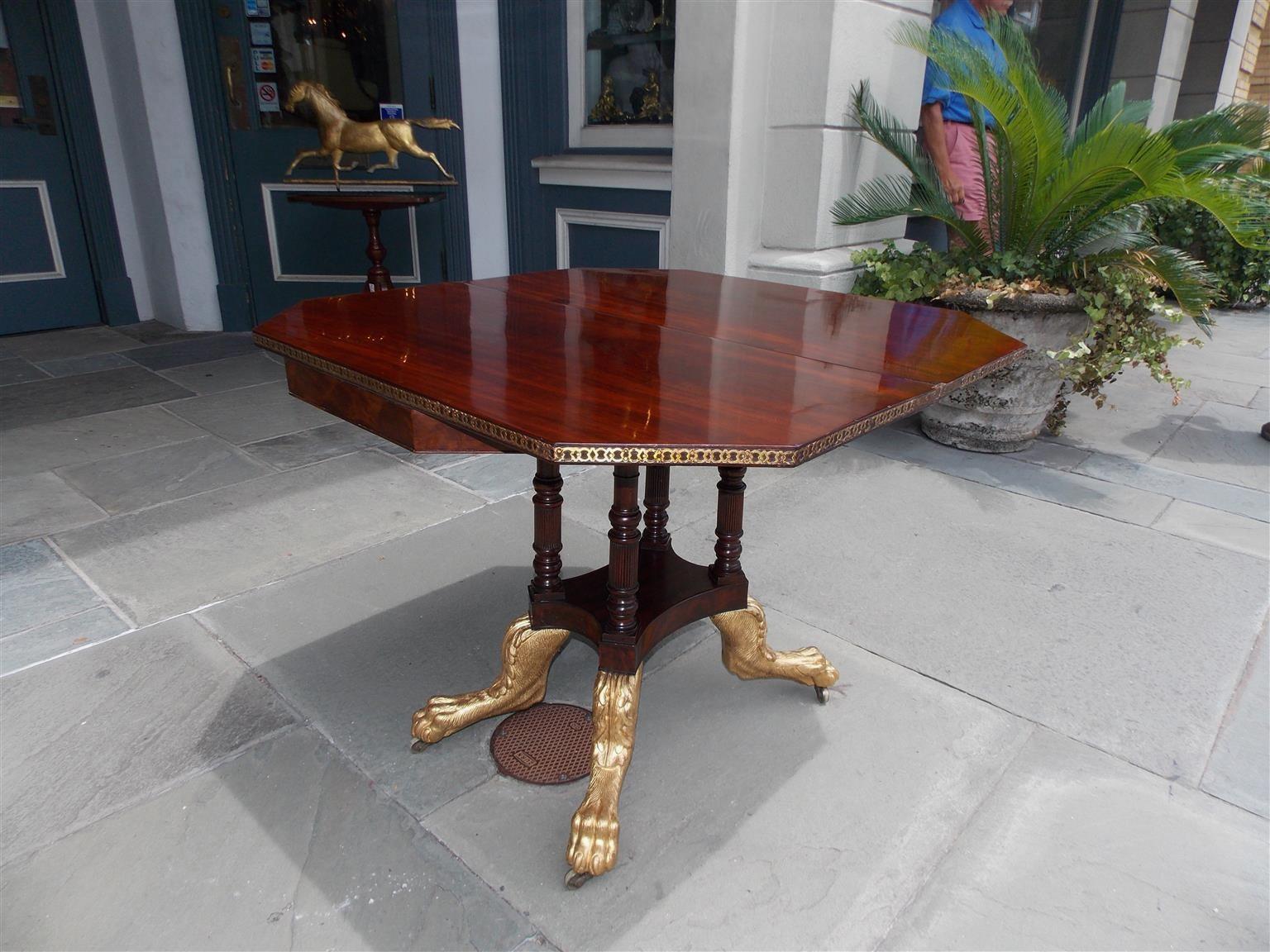 American Mahogany Brass Inlaid and Gilded Paw Game Table. Norfolk, VA.  C. 1810 3