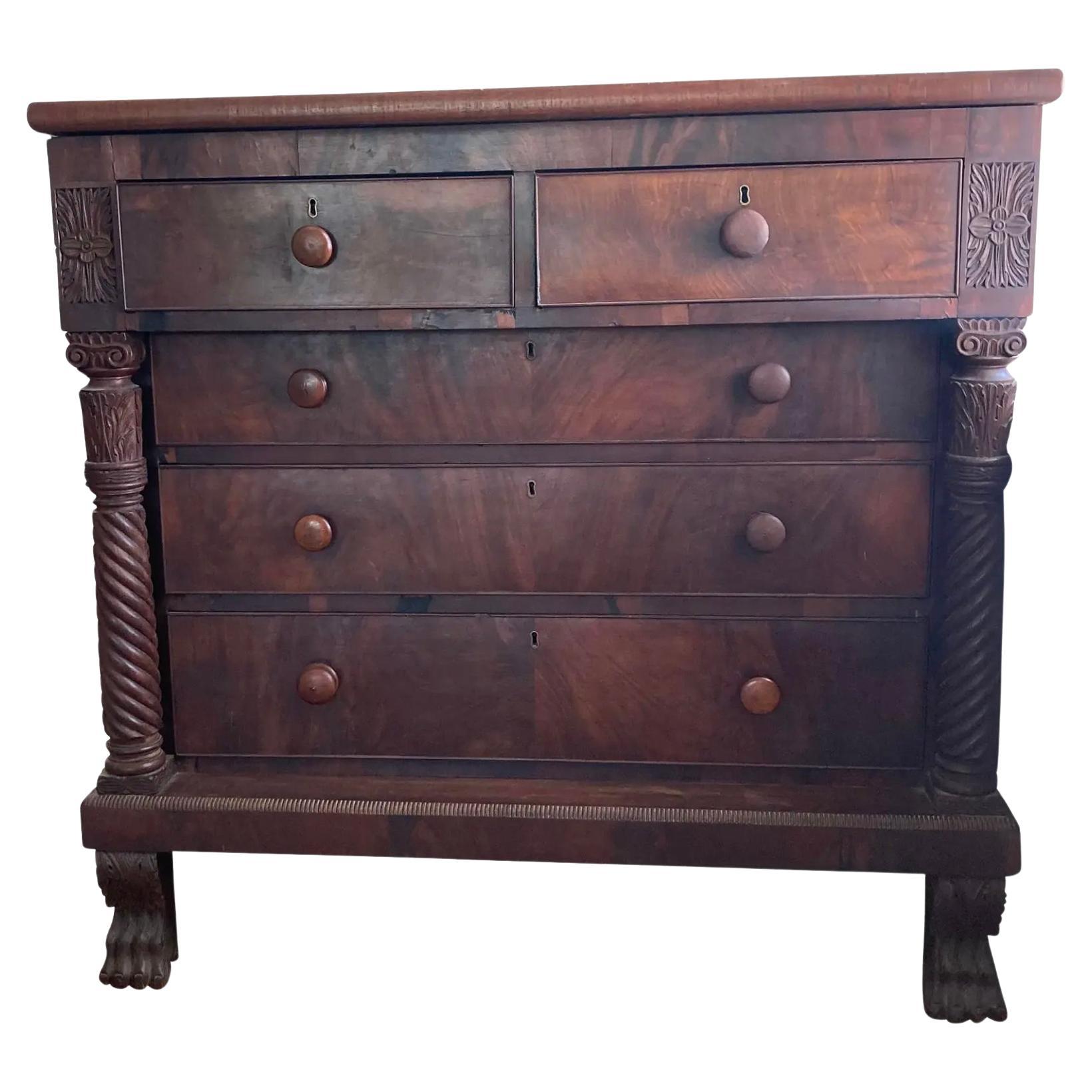 American Mahogany Chest of Drawers with Hand-Carved Pilasters For Sale
