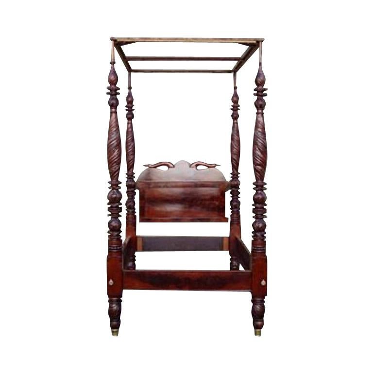 American Mahogany Classical Acanthus Carved Four Poster Tester Bed.  Circa 1815