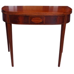 American Mahogany Demilune Satinwood Inlay Game Table with Tapered Legs, C. 1780