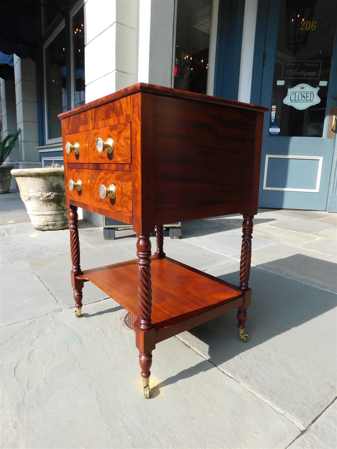Hand-Carved American Mahogany Federal Work Table with Barley Twist Legs on Casters, C. 1810 For Sale