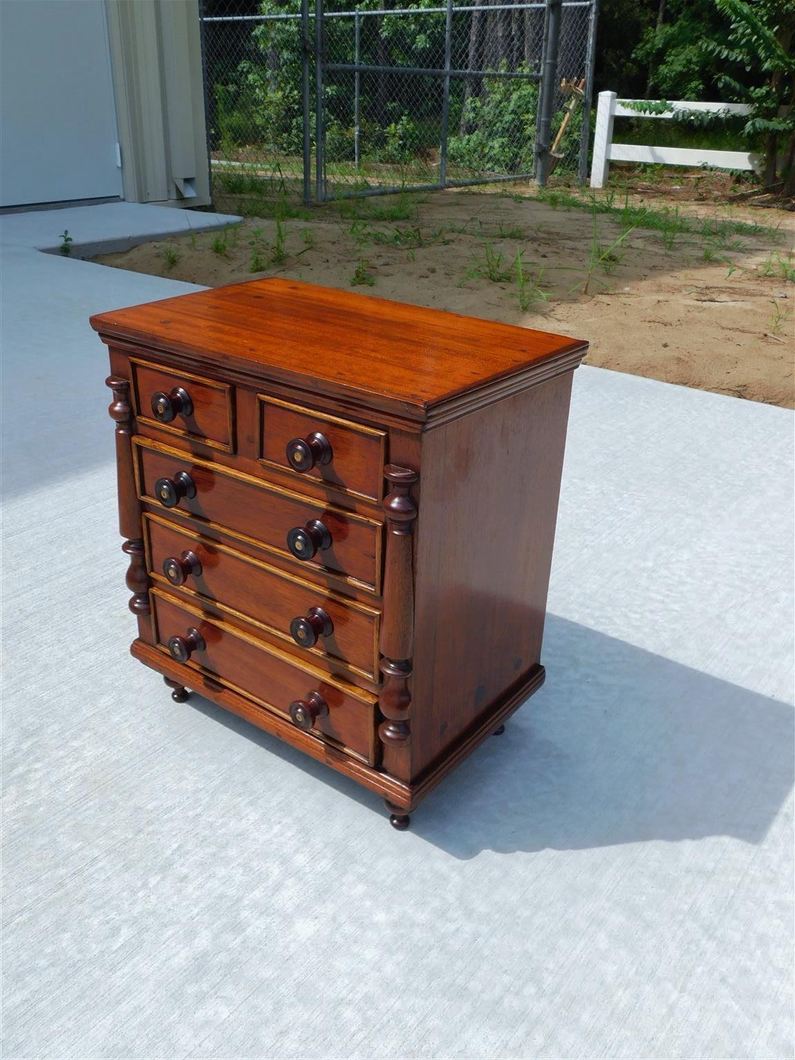 Hand-Carved American Mahogany Five Drawer Miniature with Flanking Columns & Bun Feet, C 1820 For Sale
