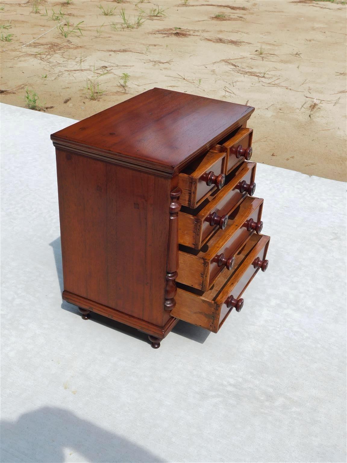 Mother-of-Pearl American Mahogany Five Drawer Miniature with Flanking Columns & Bun Feet, C 1820 For Sale