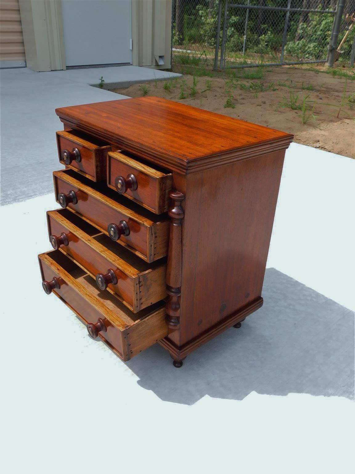American Mahogany Five Drawer Miniature with Flanking Columns & Bun Feet, C 1820 For Sale 1