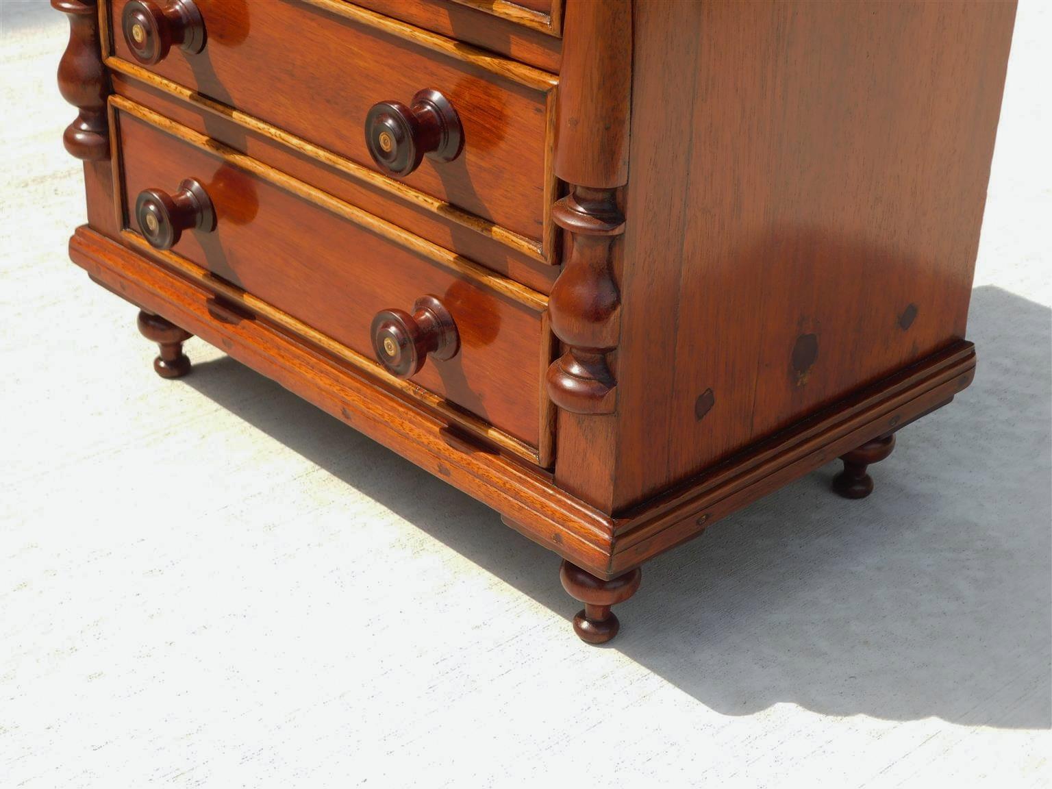 American Mahogany Five Drawer Miniature with Flanking Columns & Bun Feet, C 1820 For Sale 2