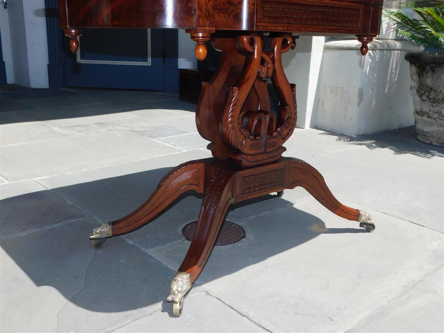 American Mahogany Game Table with Lyre Form Dolphin Base, Connelly Phila C 1815  For Sale 5