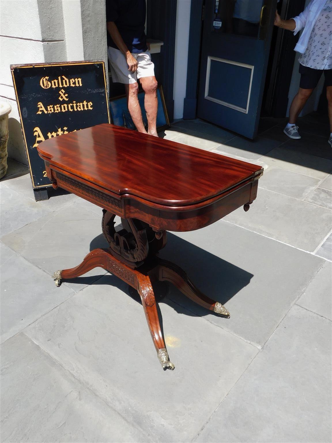 Neoclassical American Mahogany Game Table with Lyre Form Dolphin Base, Connelly Phila C 1815  For Sale