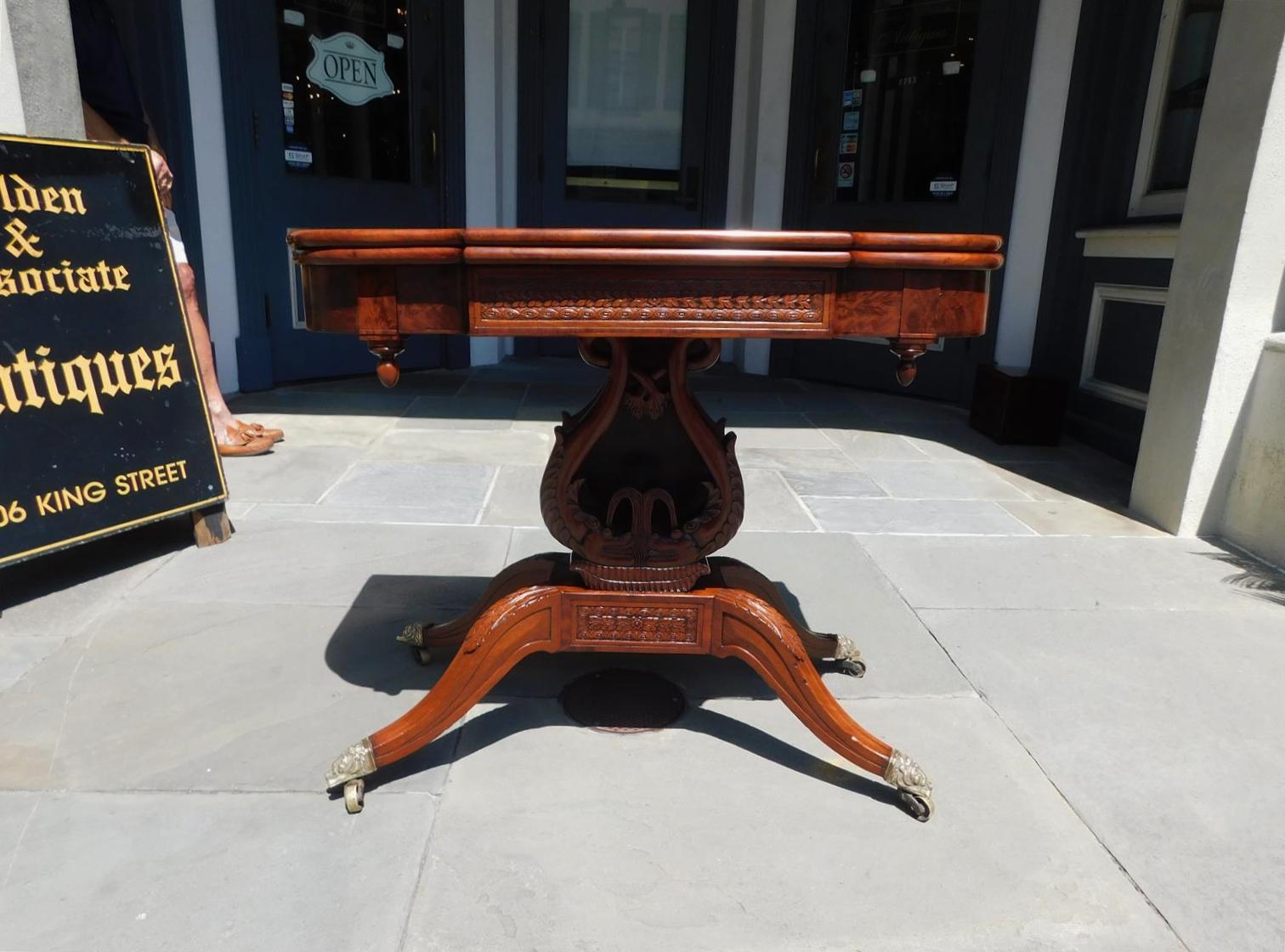 Hand-Carved American Mahogany Game Table with Lyre Form Dolphin Base, Connelly Phila C 1815  For Sale