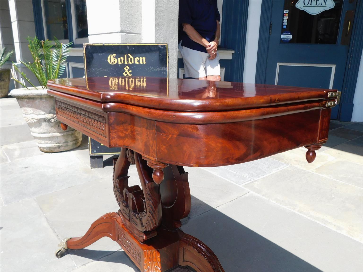 Brass American Mahogany Game Table with Lyre Form Dolphin Base, Connelly Phila C 1815  For Sale