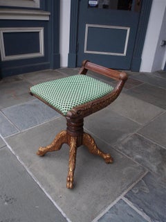 American Mahogany & Gilt Dolphin Upholstered Harp Stool with Paw Feet, NY C 1815