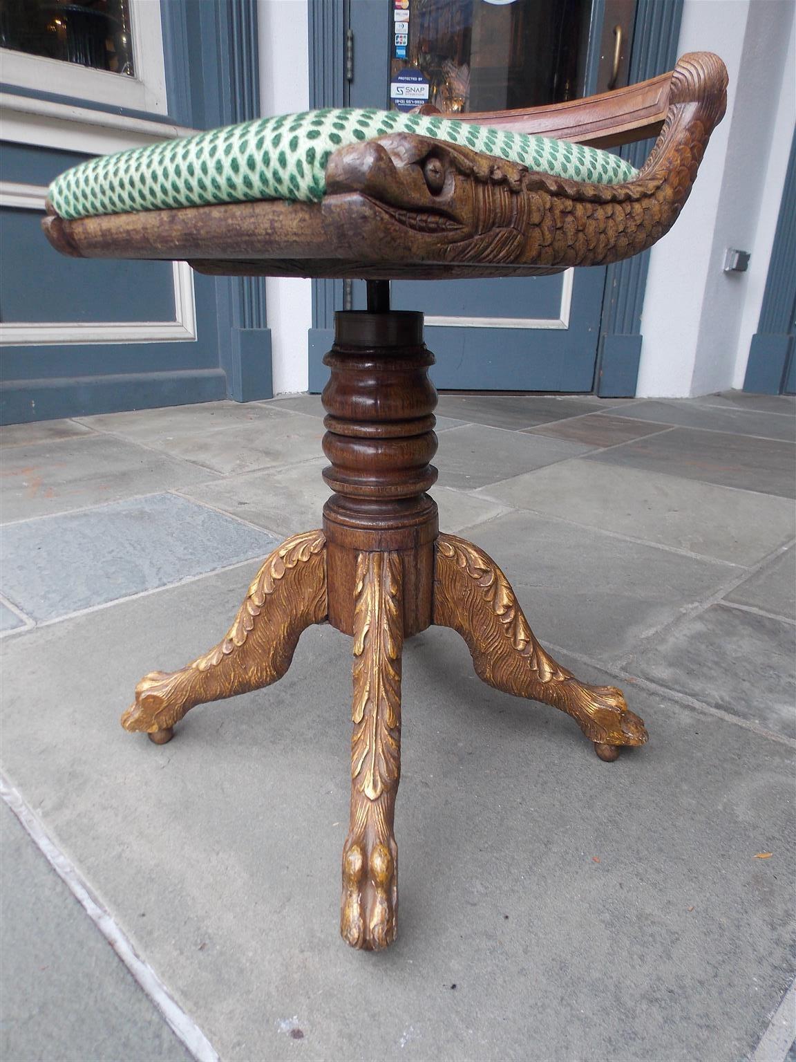 Federal American Mahogany & Gilt Dolphin Upholstered Harp Stool with Paw Feet, NY C 1815 For Sale