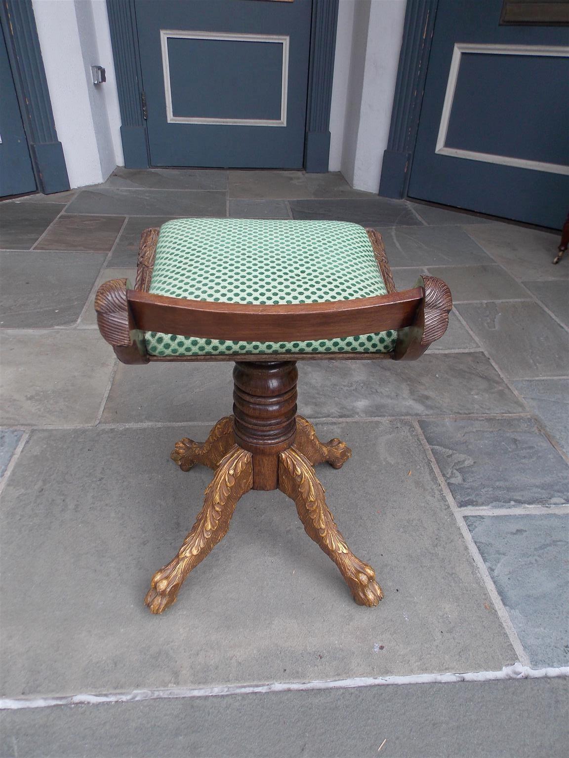 Hand-Crafted American Mahogany & Gilt Dolphin Upholstered Harp Stool with Paw Feet, NY C 1815 For Sale