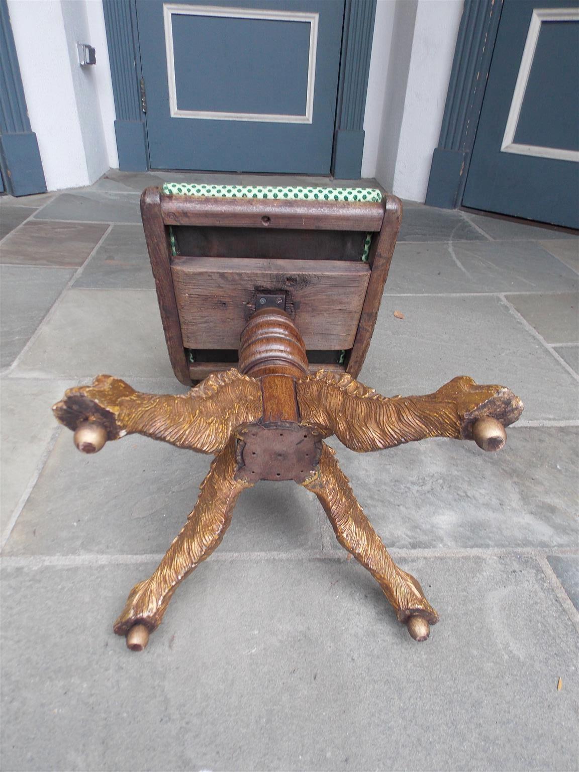 American Mahogany & Gilt Dolphin Upholstered Harp Stool with Paw Feet, NY C 1815 In Excellent Condition For Sale In Hollywood, SC