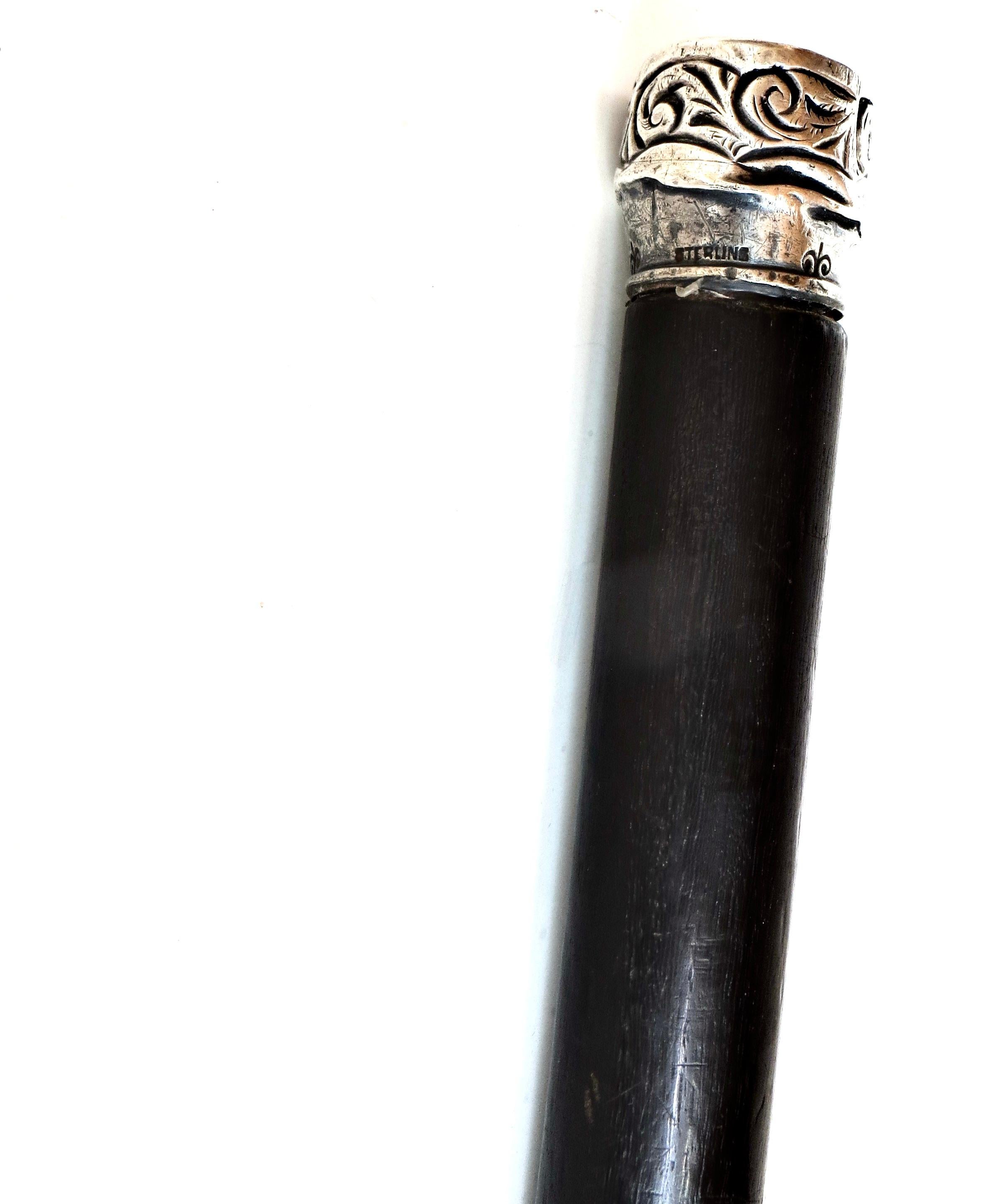 Hand-Crafted American Mahogany Late 19th Century Walking Stick With Sterling Silver Collar For Sale