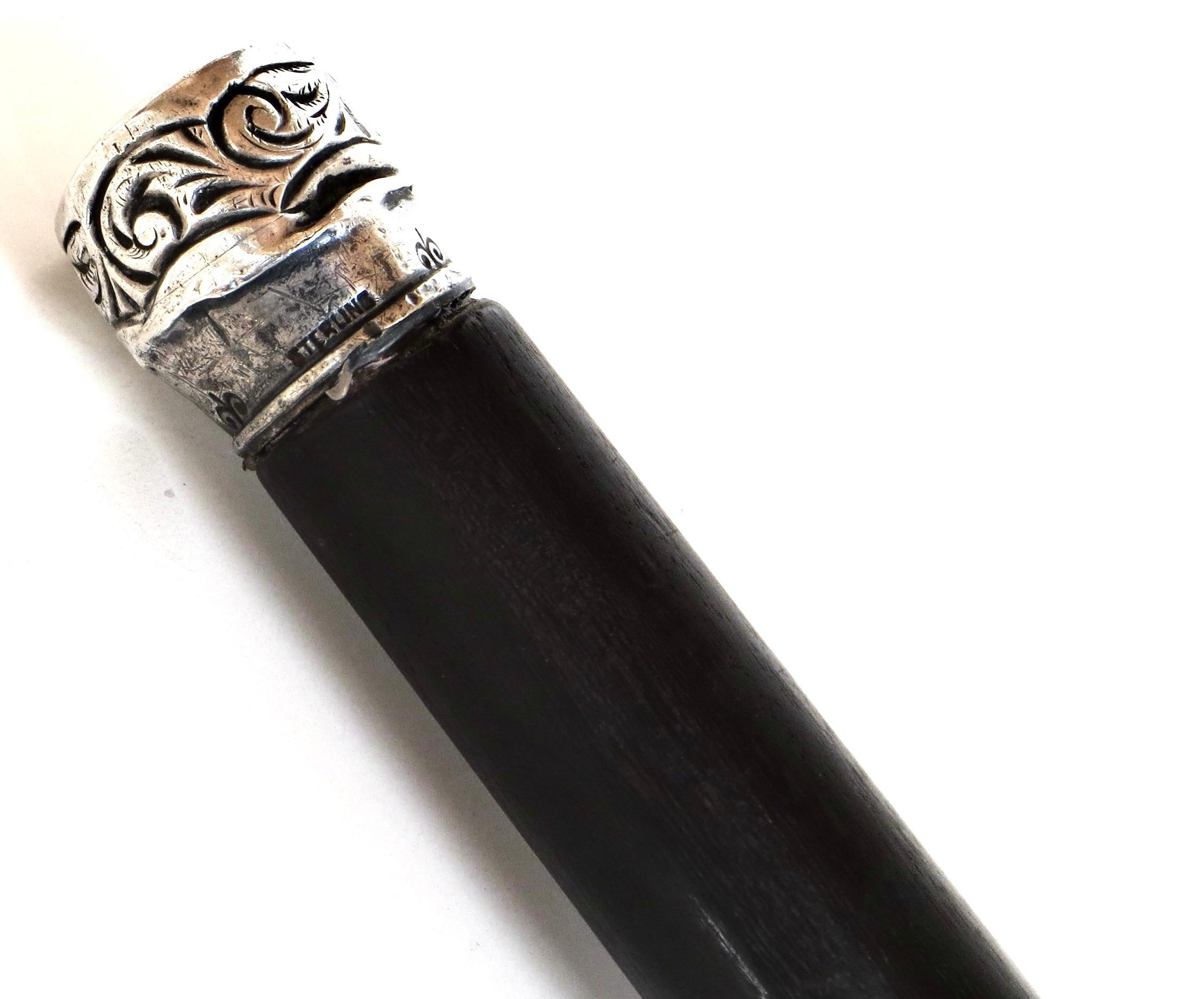 American Mahogany Late 19th Century Walking Stick With Sterling Silver Collar In Good Condition For Sale In Incline Village, NV