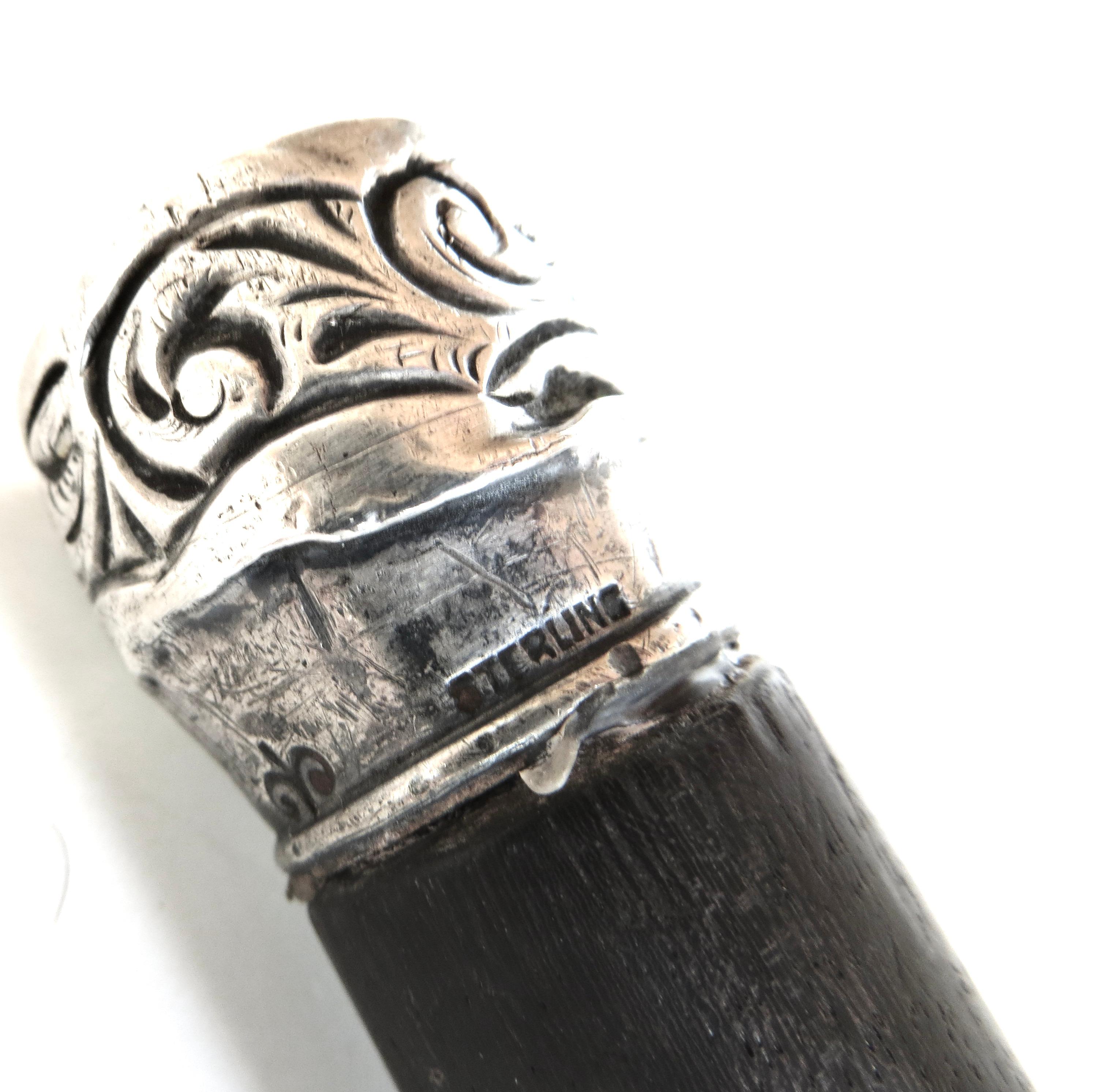American Mahogany Late 19th Century Walking Stick With Sterling Silver Collar For Sale 1