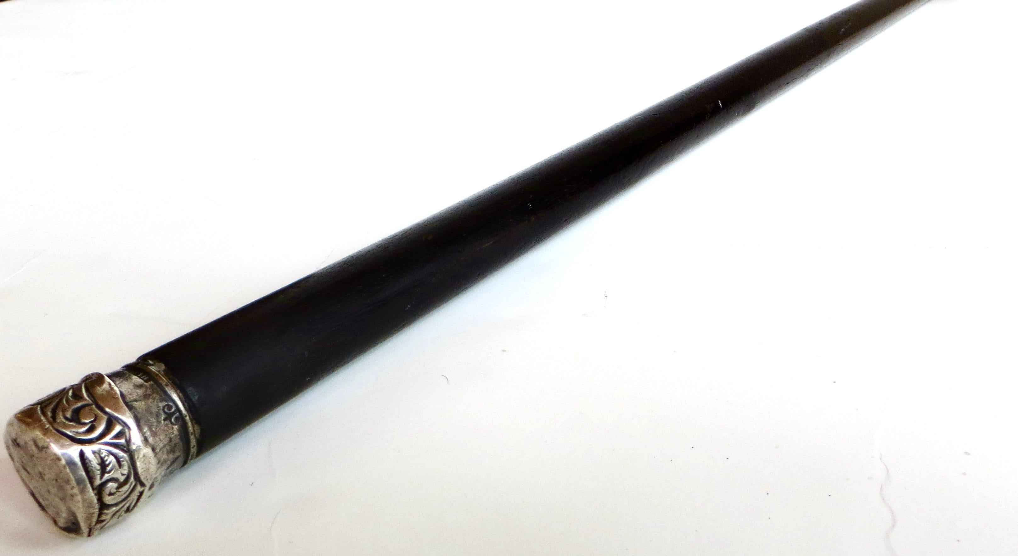 American Mahogany Late 19th Century Walking Stick With Sterling Silver Collar For Sale 2
