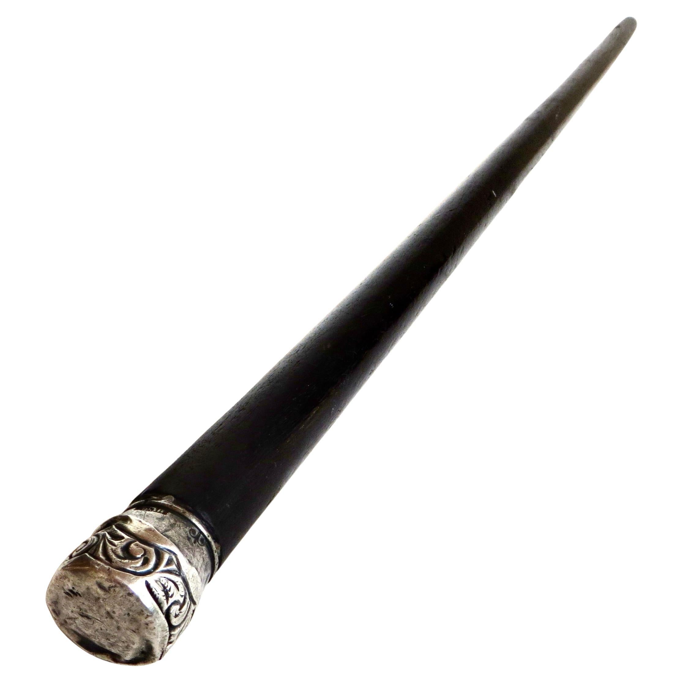 American Mahogany Late 19th Century Walking Stick With Sterling Silver Collar For Sale