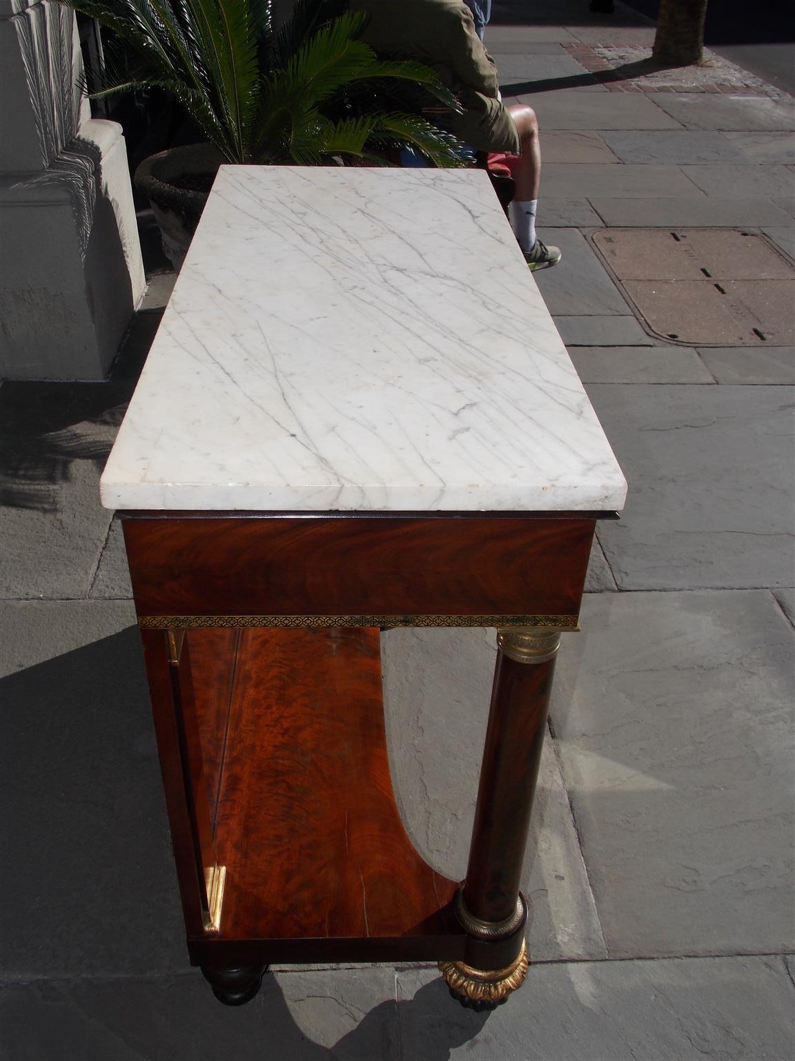 Hand-Carved American Mahogany Marble Top and Gilt Stenciled Ormolu Console, NY, Circa 1815 For Sale