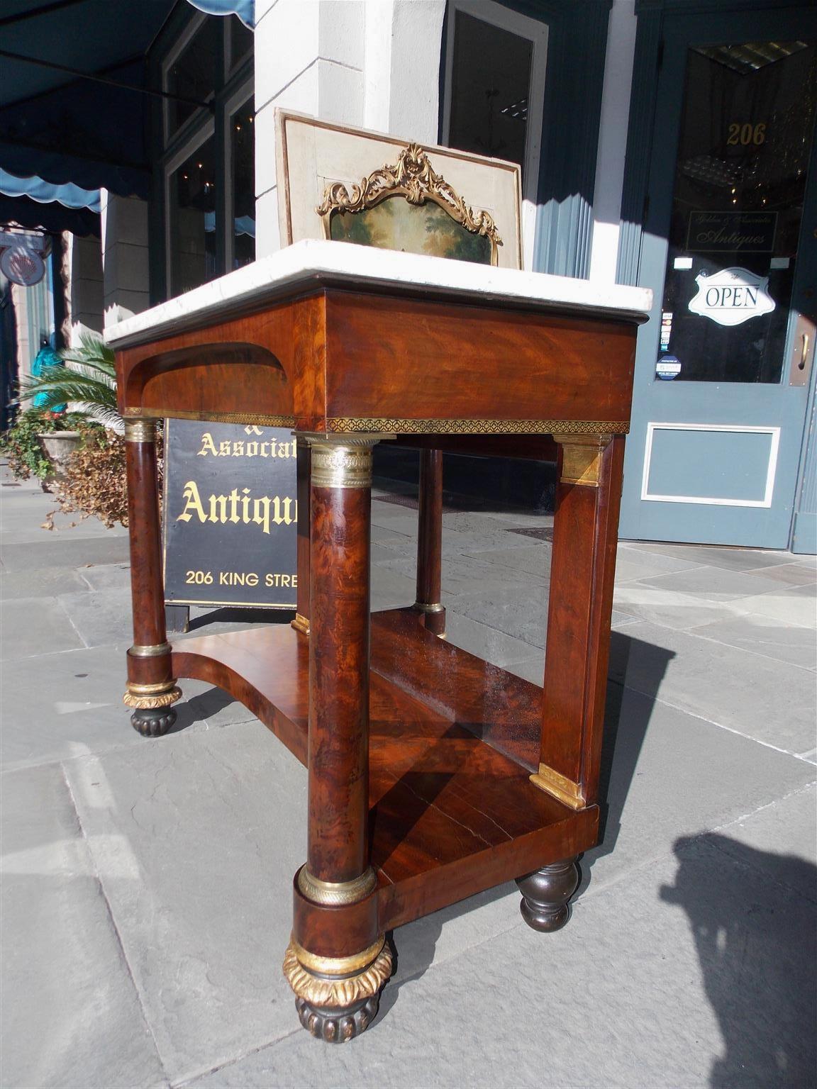 Early 19th Century American Mahogany Marble Top and Gilt Stenciled Ormolu Console, NY, Circa 1815 For Sale