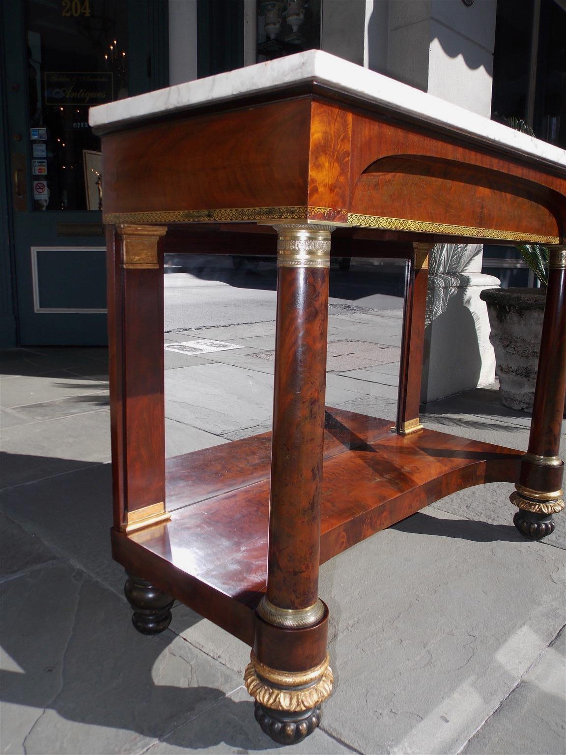Mirror American Mahogany Marble Top and Gilt Stenciled Ormolu Console, NY, Circa 1815 For Sale