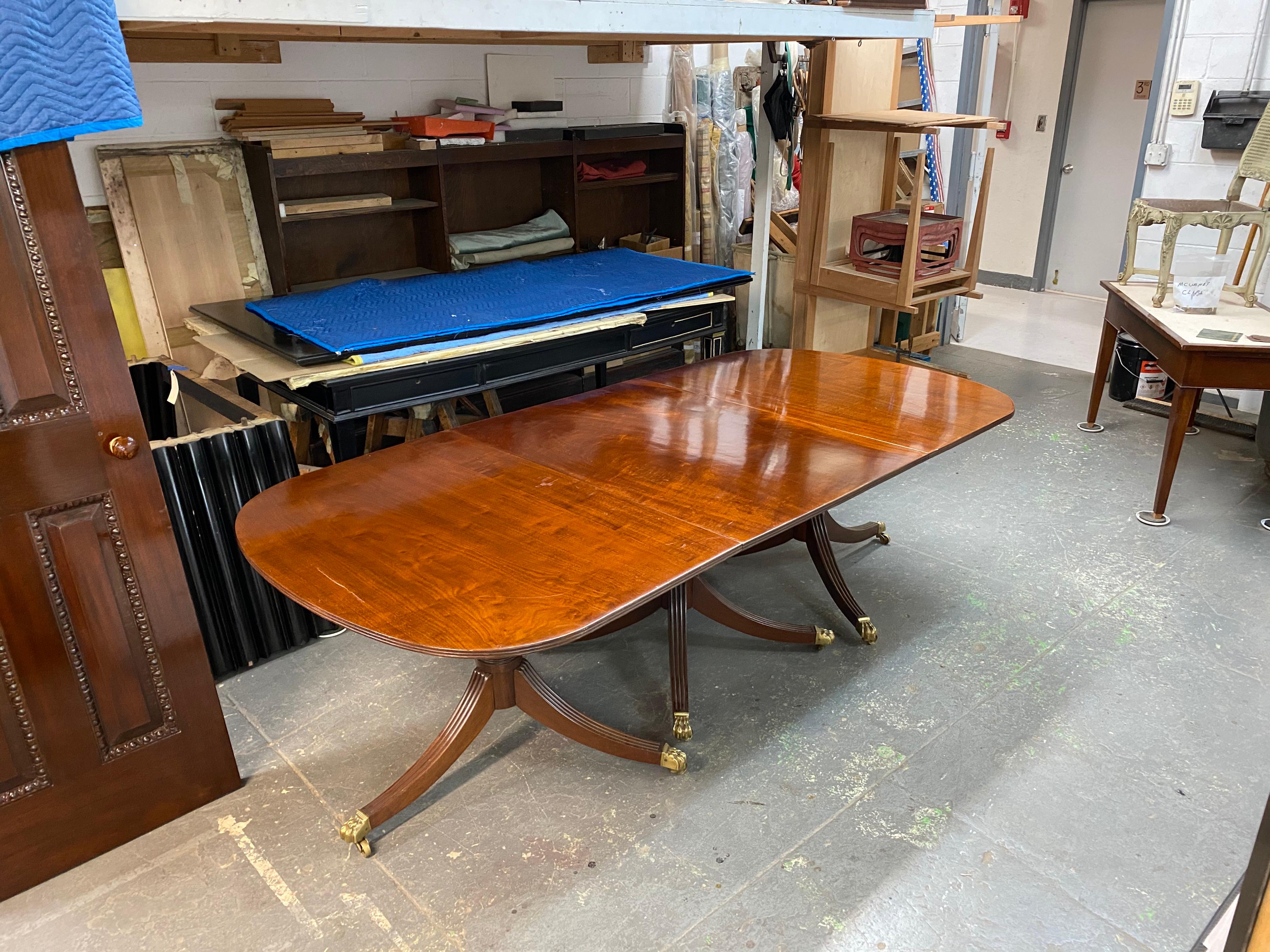 Brass American Mahogany Three Pedestal Table