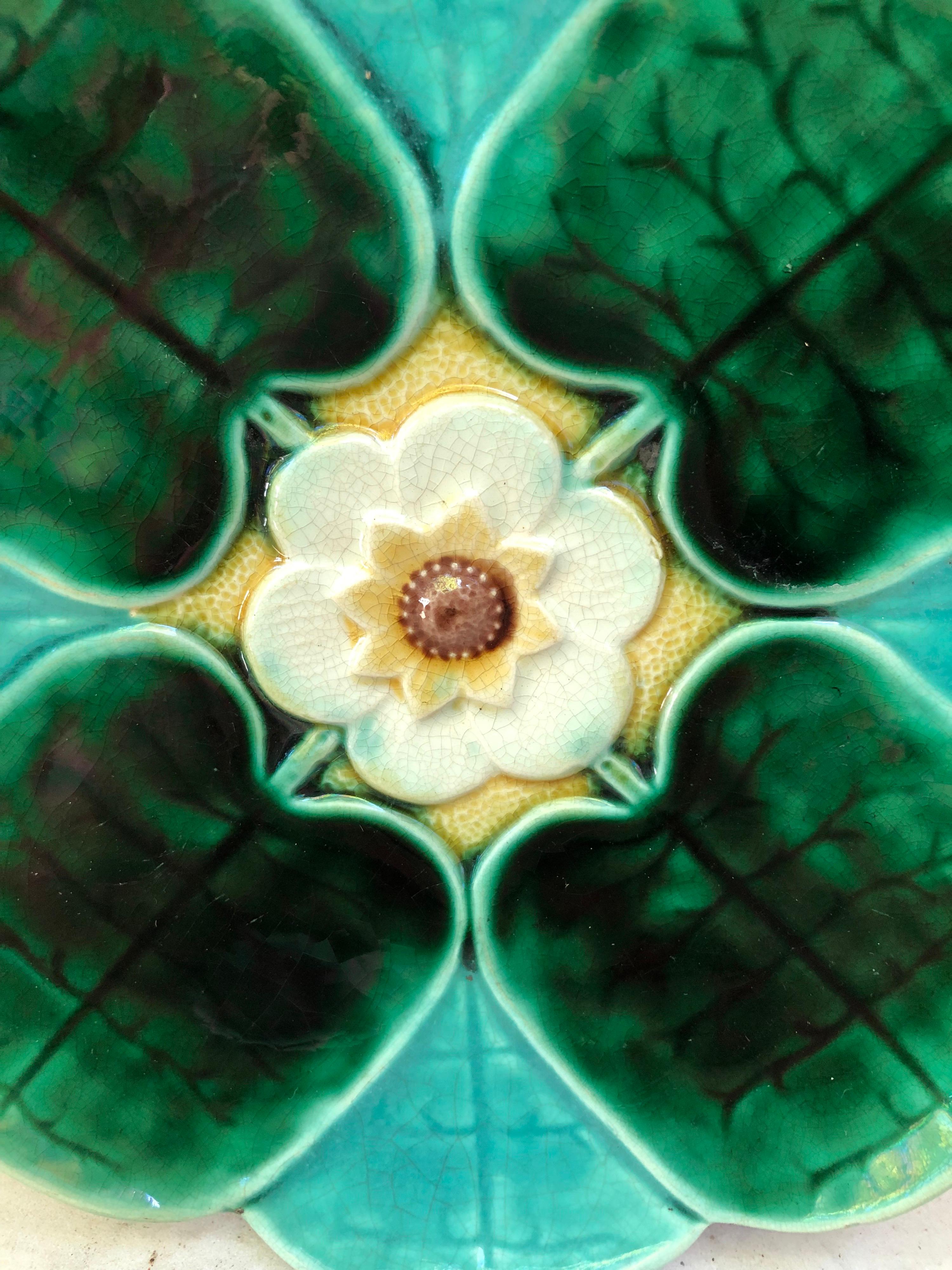 American Majolica Water Lily Plate signed Etruscan Majolica Circa 1890.
Unusual colors.