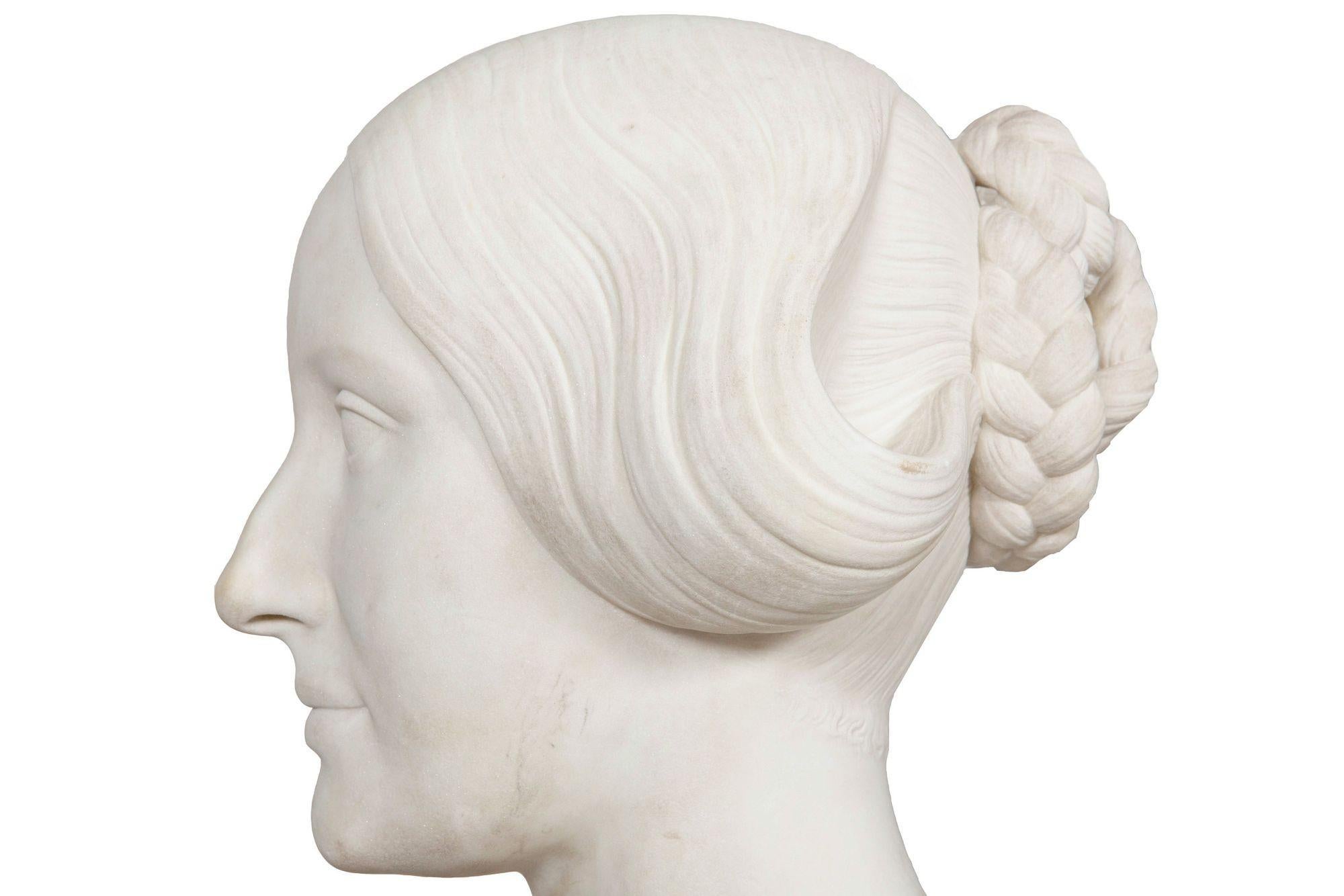 Carrara Marble American Marble Bust Sculpture of Classical Woman by Joseph Mozier ca. 1851 For Sale