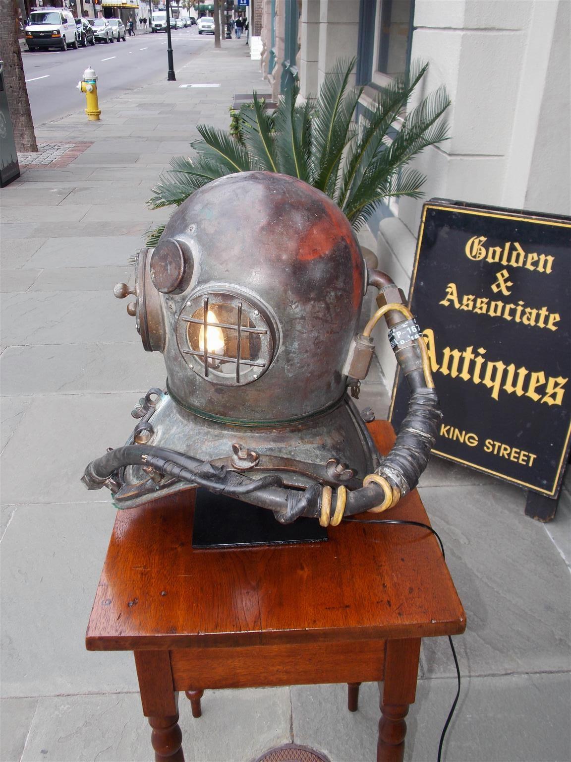 American Craftsman American Maritime Copper and Brass Deep Sea Divers Helmet on Stand, NY C. 1930 For Sale