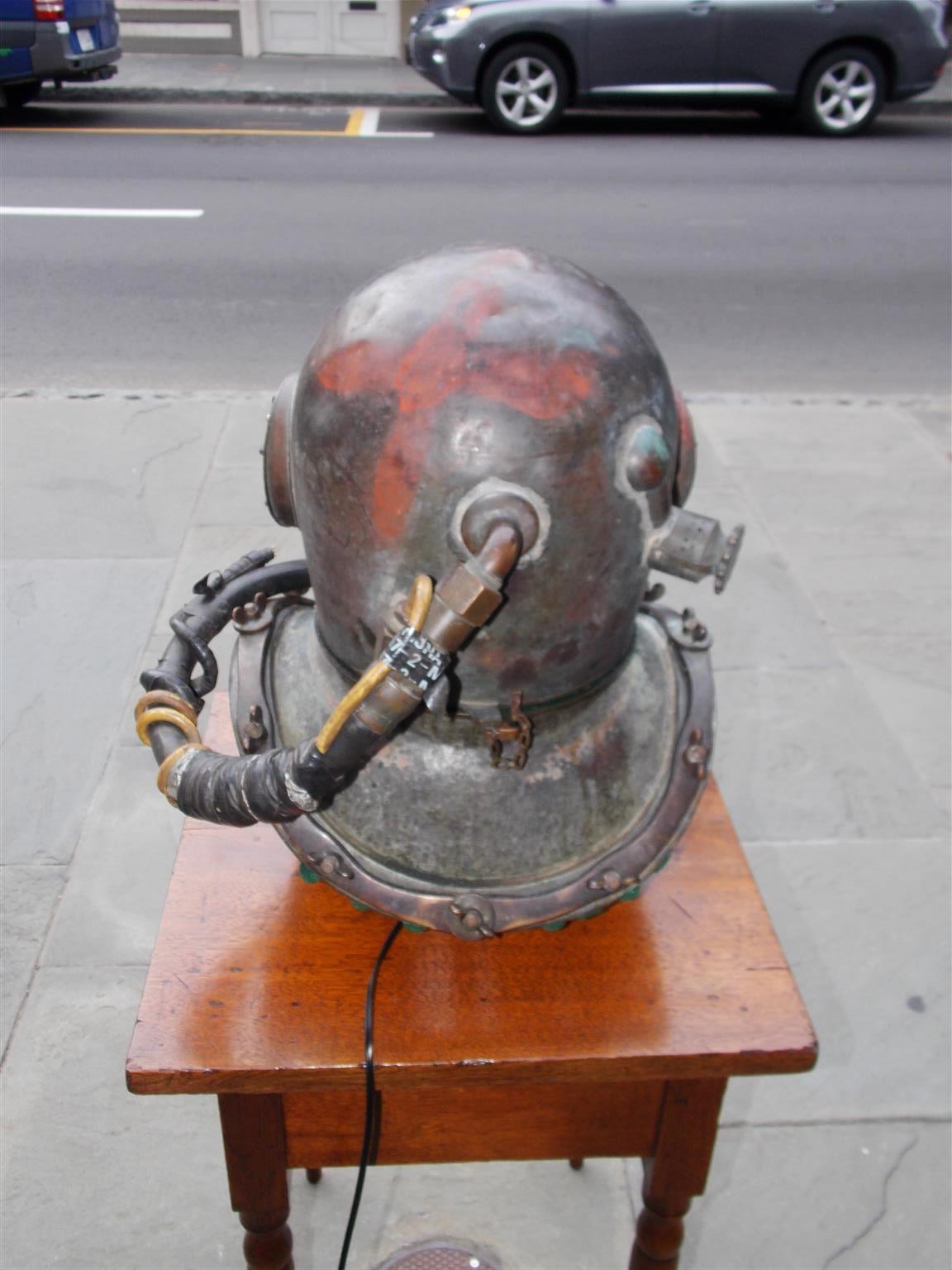 Cast American Maritime Copper and Brass Deep Sea Divers Helmet on Stand, NY C. 1930 For Sale