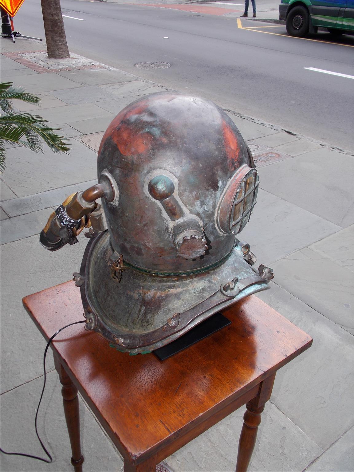 American Maritime Copper and Brass Deep Sea Divers Helmet on Stand, NY C. 1930 In Excellent Condition For Sale In Hollywood, SC