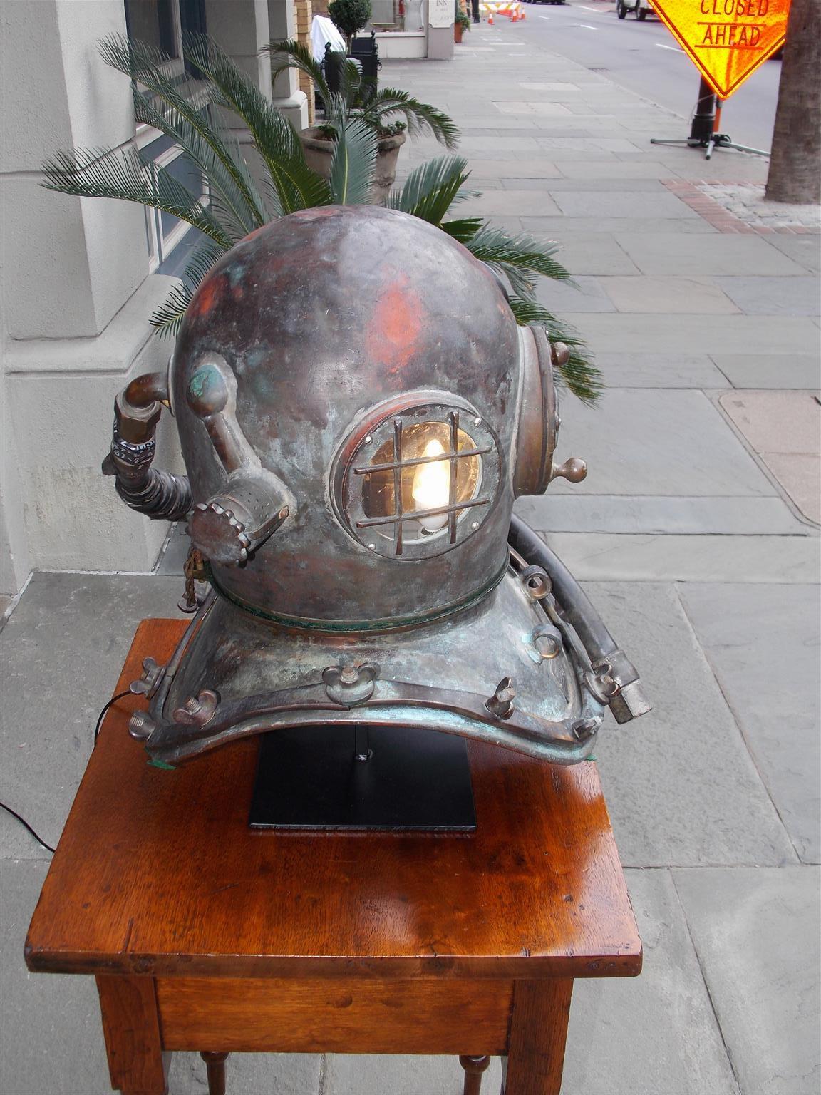 Mid-20th Century American Maritime Copper and Brass Deep Sea Divers Helmet on Stand, NY C. 1930 For Sale