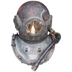 American Maritime Copper and Brass Deep Sea Divers Helmet on Stand, NY C. 1930