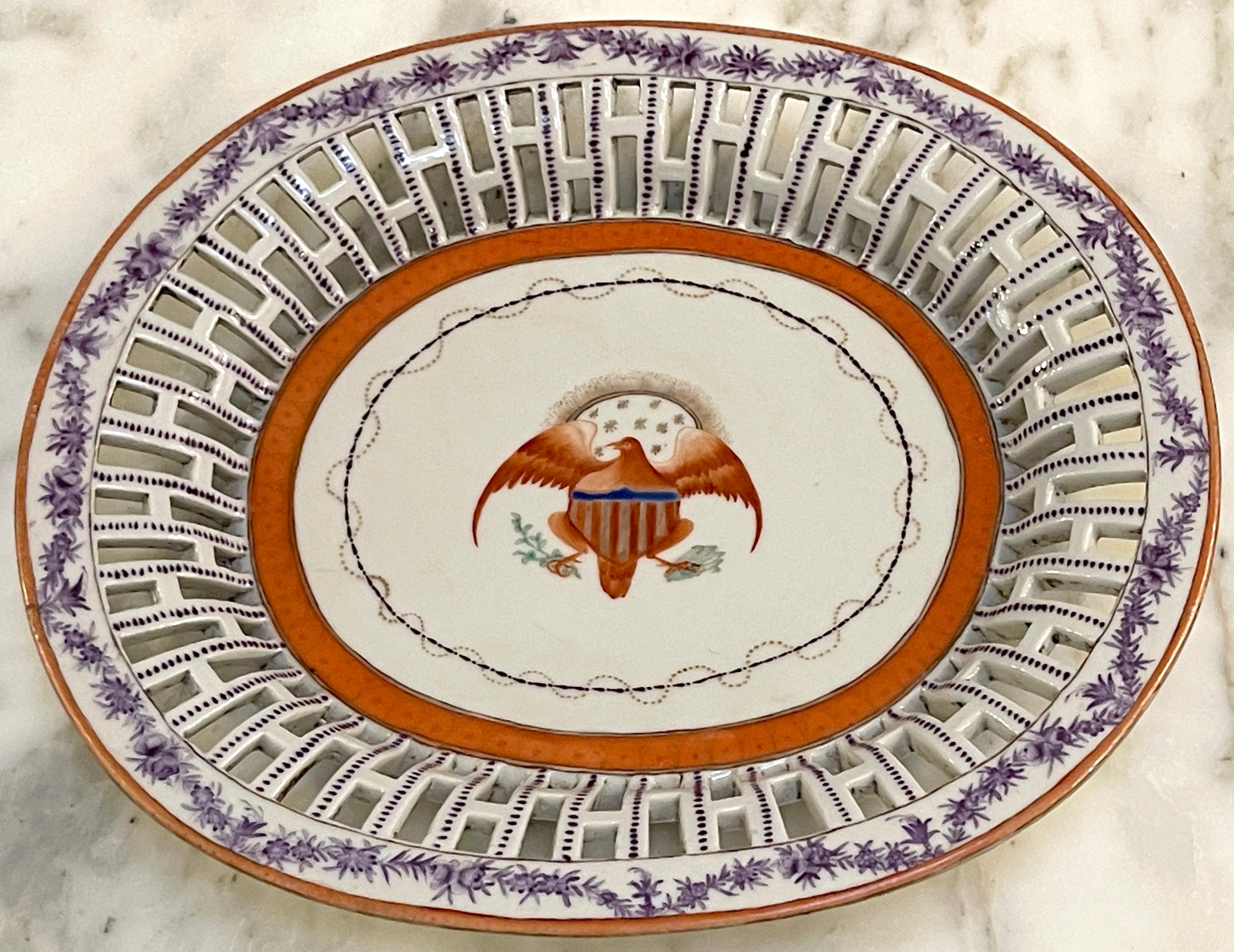 American Market Chinese Export Eagle Armorial Porcelain Oval Reticulated Tray
China, 19th Century 

This exquisite 19th-century Chinese Export Eagle Armorial Porcelain Oval Reticulated Tray, made for the American market, stands as a testament to the