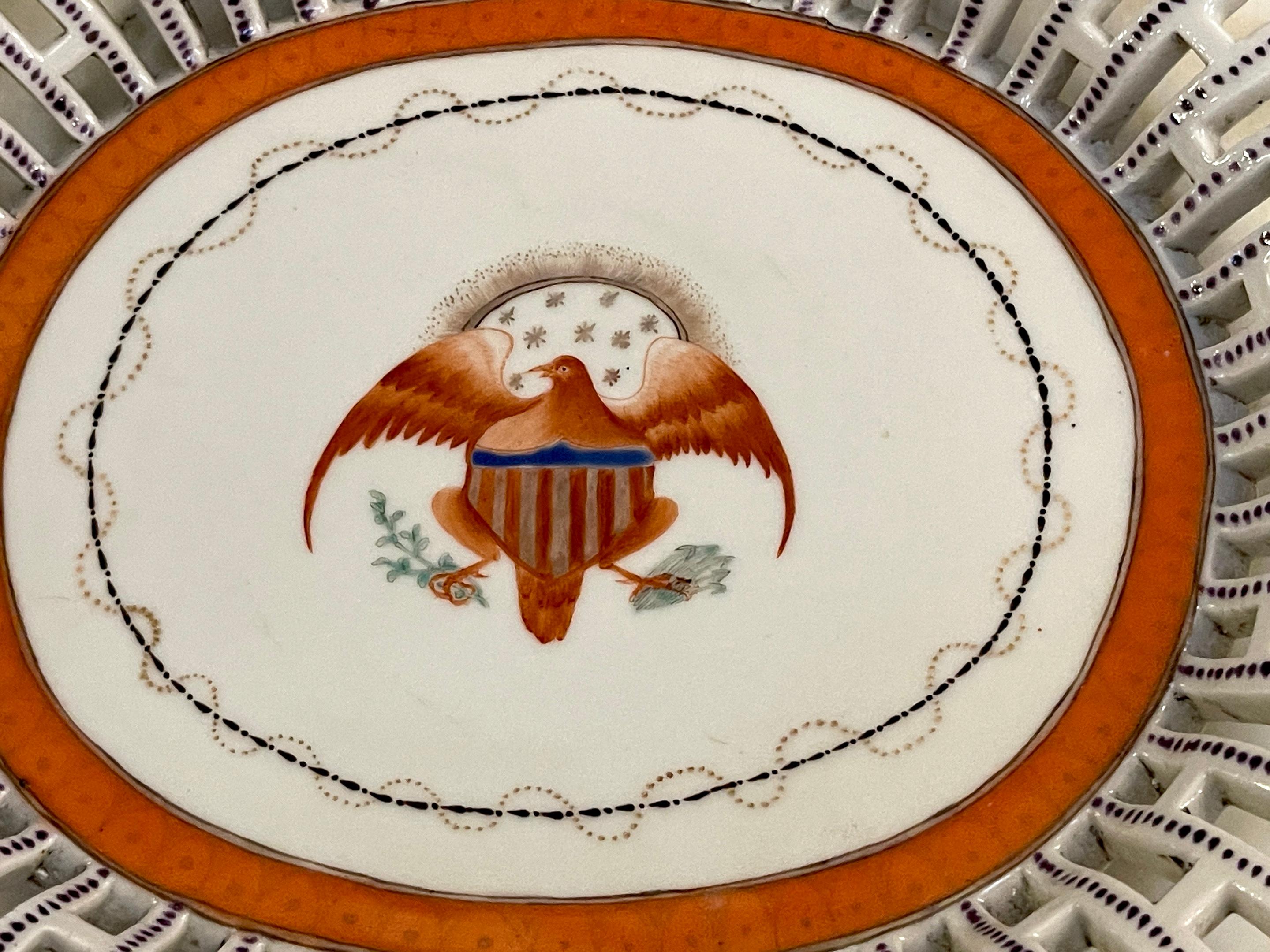 Enameled American Market Chinese Export Eagle Armorial Porcelain Oval Reticulated Tray For Sale