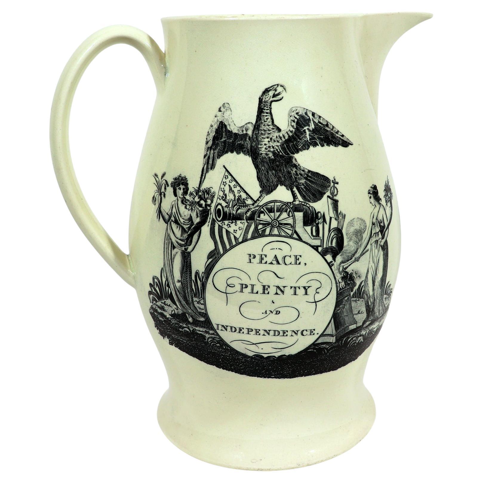 American-Market "Peace, Plenty and Independence" Liverpool Creamware Jug For Sale