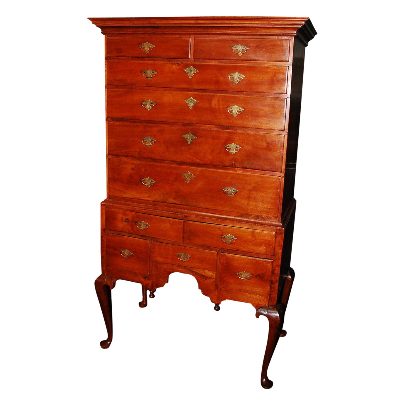 American Massachusetts Queen Anne Maple Highboy with Cabriole Legs, Circa 1750