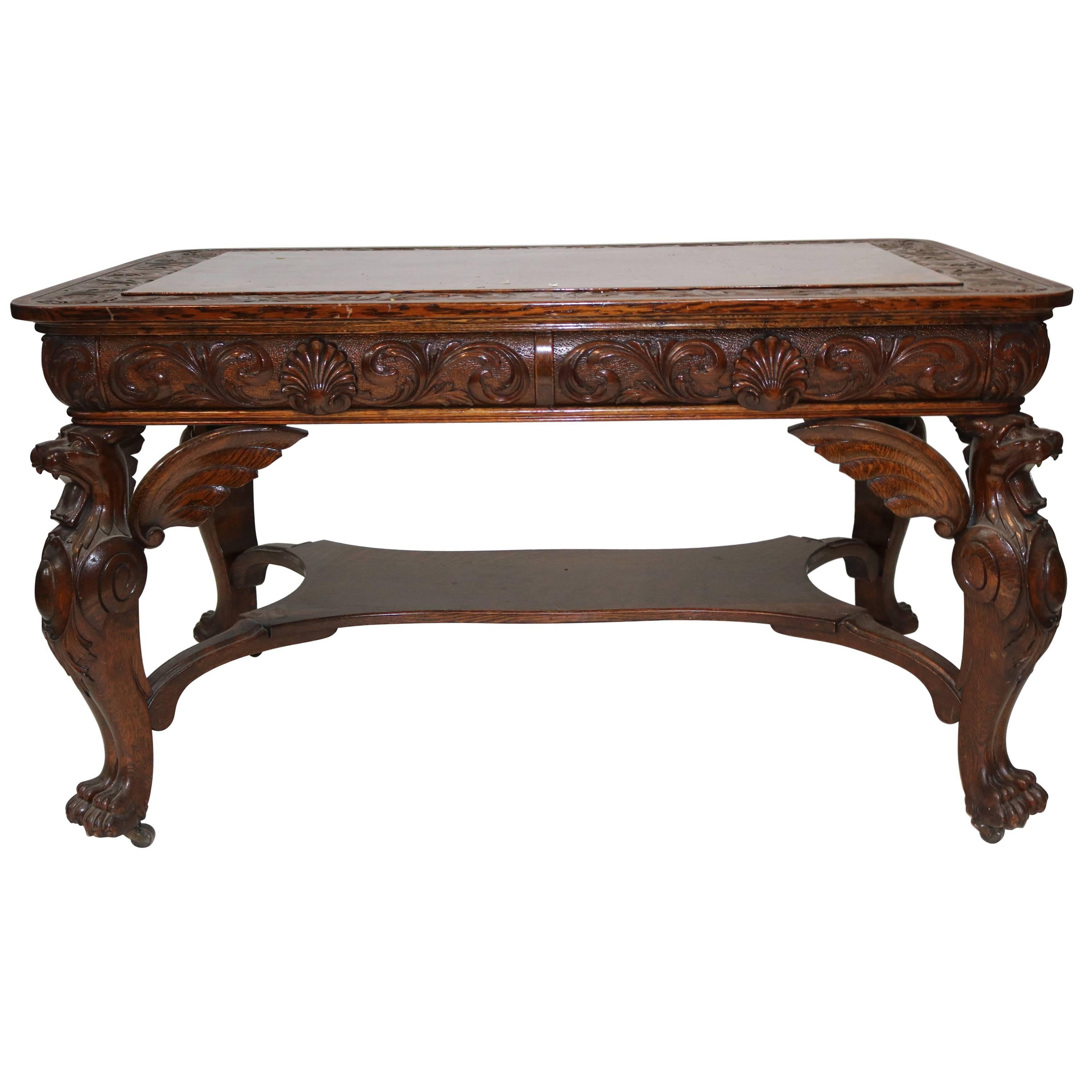 To the manor born-from a connoisseur to a connoisseur for one who quests the best-a heavily carved masterpiece!!!
Can you just see J P Morgan the baron of industry sitting in his grand mansion behind this power desk!
An 1880s refined meticulously