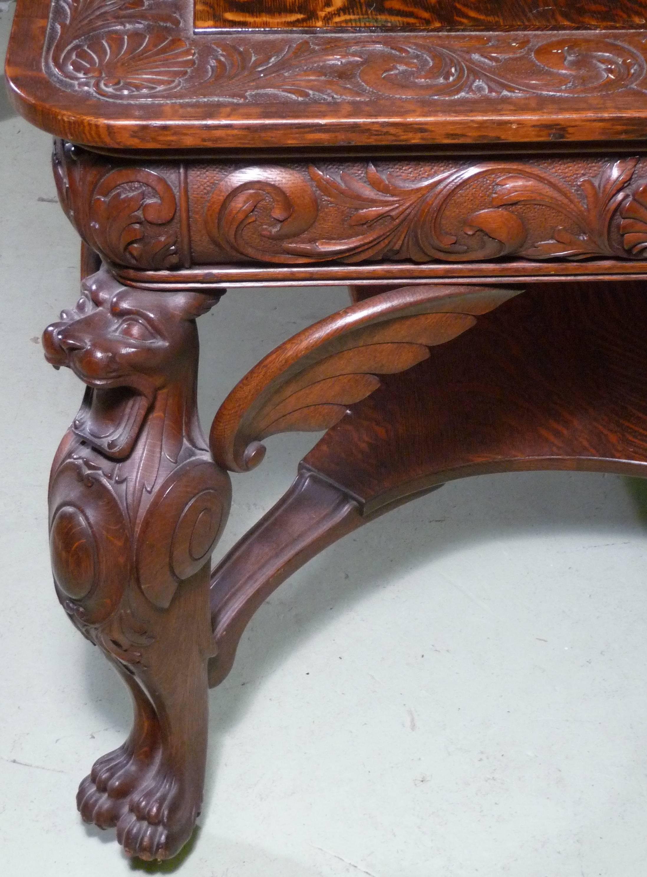 Hand-Carved American Masterpiece Oak Griffin R.J. Horner Library Table Desk 1880s Provenance For Sale