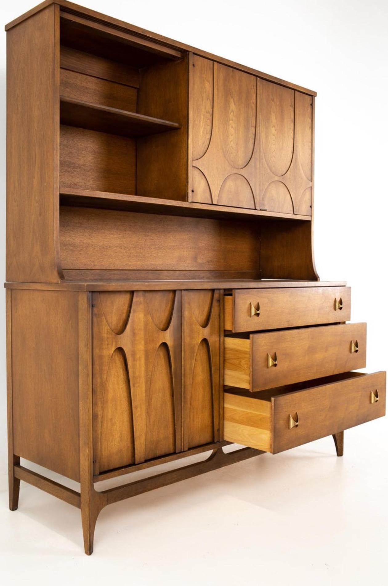 Brass American MCM Walnut Brasilia Collection Sideboard / Credenza / Hutch by Broyhill