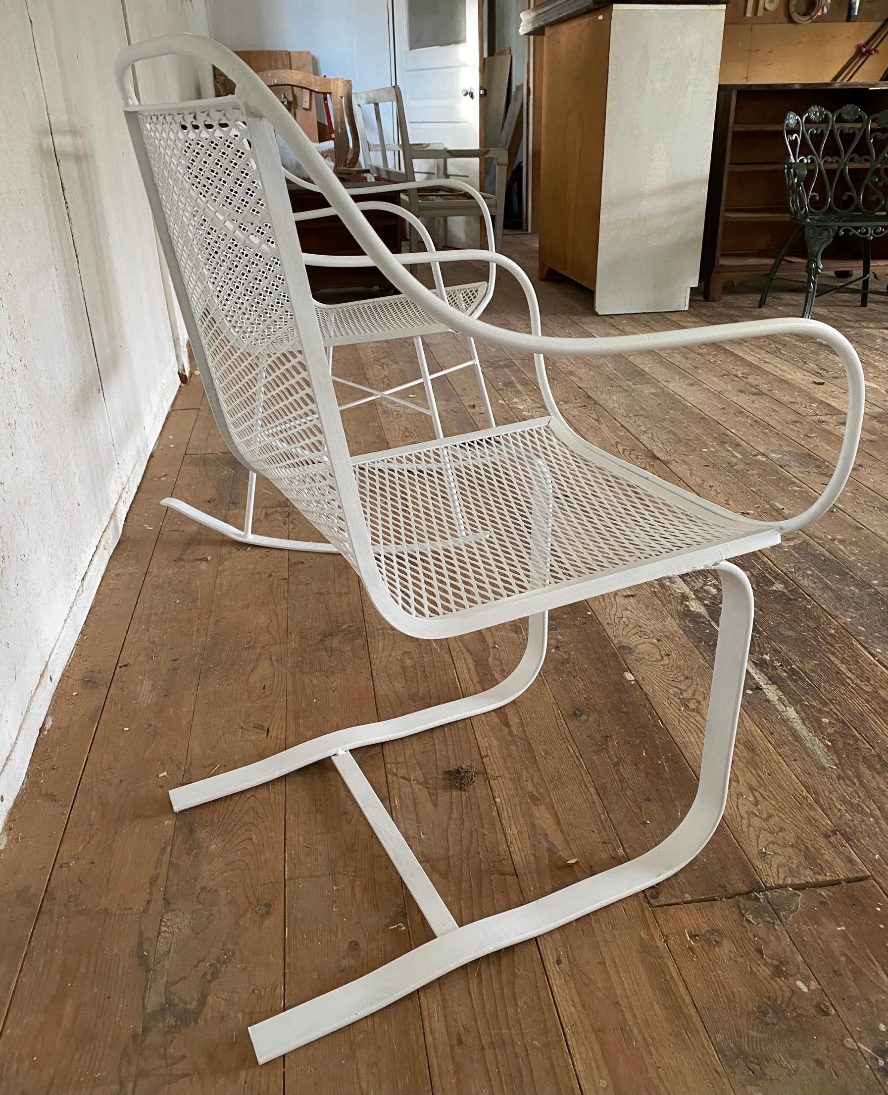 A rare pair of complementary mesh and flat steel springer and rocking chair for indoor, outdoor, garden, porch or patio use. Wonderful design, springy mesh seat and back for comfort and relaxation on that summer day. Chairs have generous