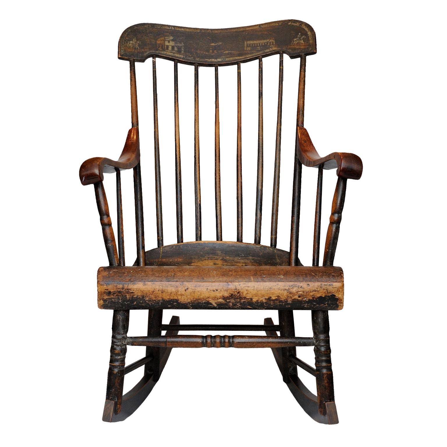 This is a lovely example of a Classic American mid-19th century Boston rocker, retaining its original paintwork (in untouched condition), circa 1840. A wonderful piece of Americana.
Also included, framed original album cover of Louis Armstrong