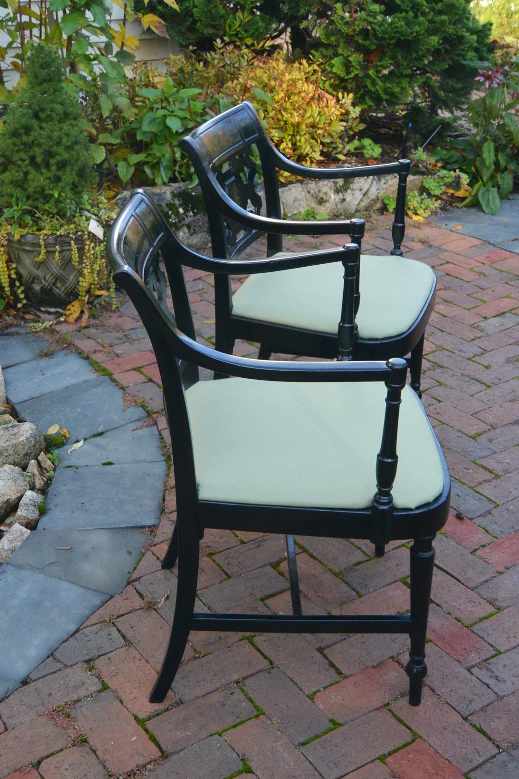 American Mid 19th Century Pair of Sheraton Armchairs Black with Chinoiserie 3