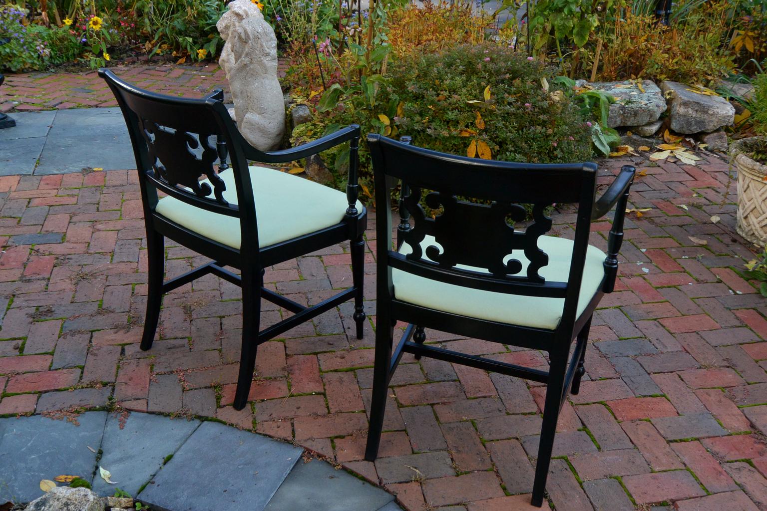 American Mid 19th Century Pair of Sheraton Armchairs Black with Chinoiserie 4