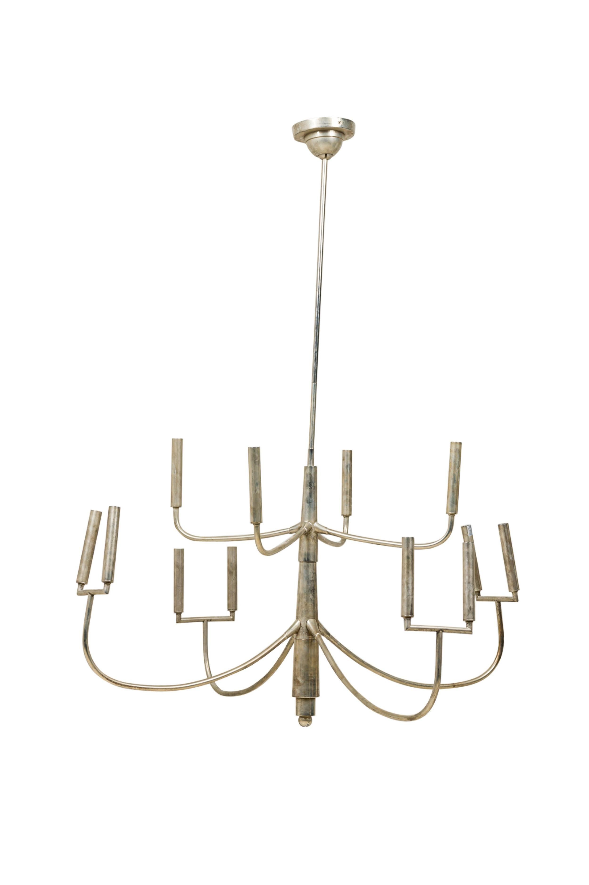 2 American Contemporary polished silver metal 2 tier chandelier with 4 double light lower arm and 4 single light upper tier arms (PRICED EACH) (Note: 1 identical in LIC warehouse)
 

 Condition: some tarnishing to finish